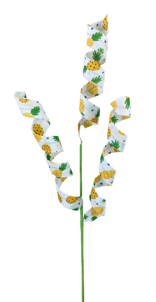 The 24 Yellow Pineapple Curl Spray 3 Stems (63217YW) features a green stem with three whimsical ribbons, adorned with yellow pineapples and green leaves against a black background, adding decorative charm.