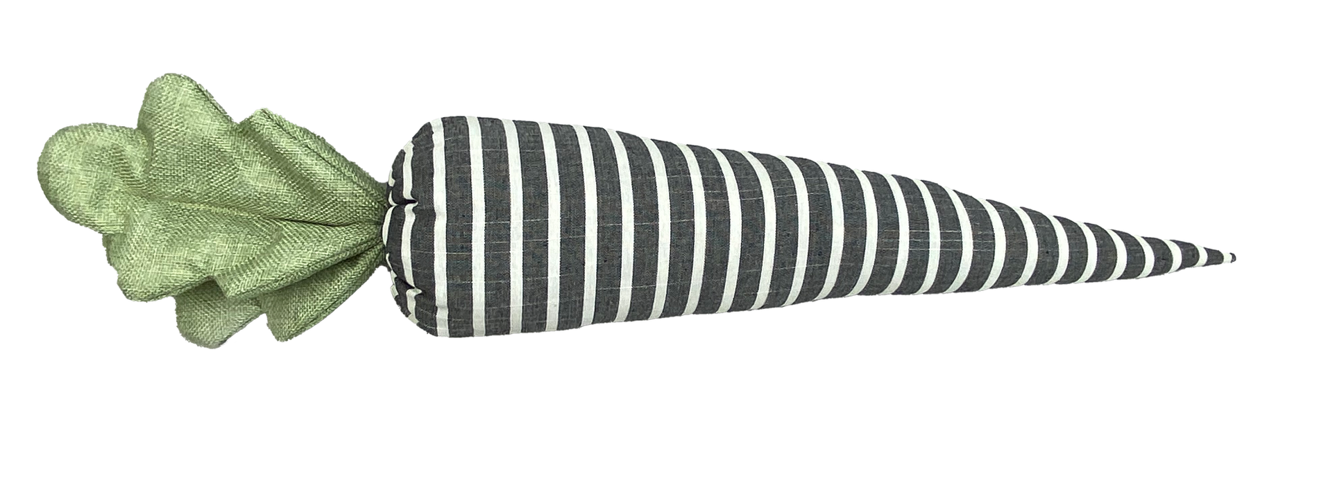 The 24 by 5 Black and white Plush Stripe Carrot 63260BKWT features black and white stripes on its body, green fabric leaves on top, and is displayed against a plain white background.