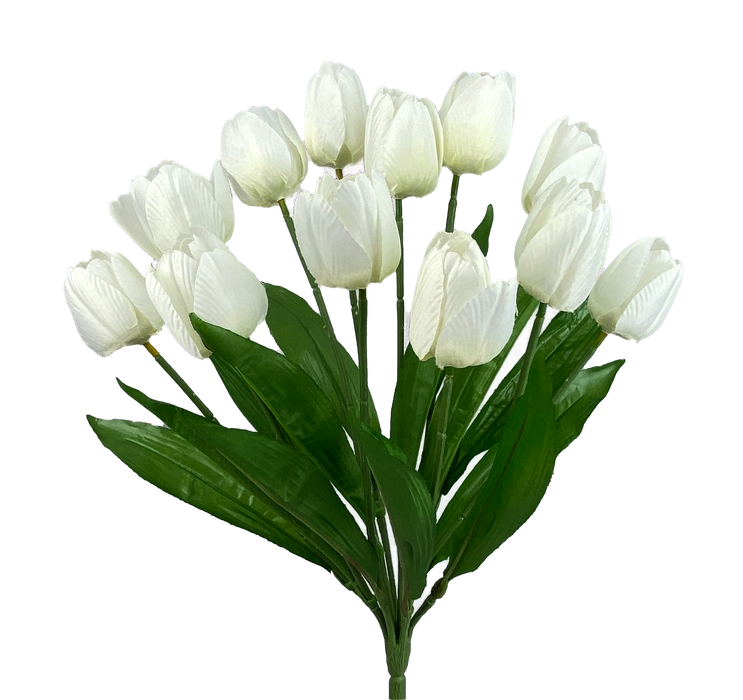 The 17 Cream Tulip Bush with 12 Stems (63338CM) features green leaves and is isolated on a transparent background.