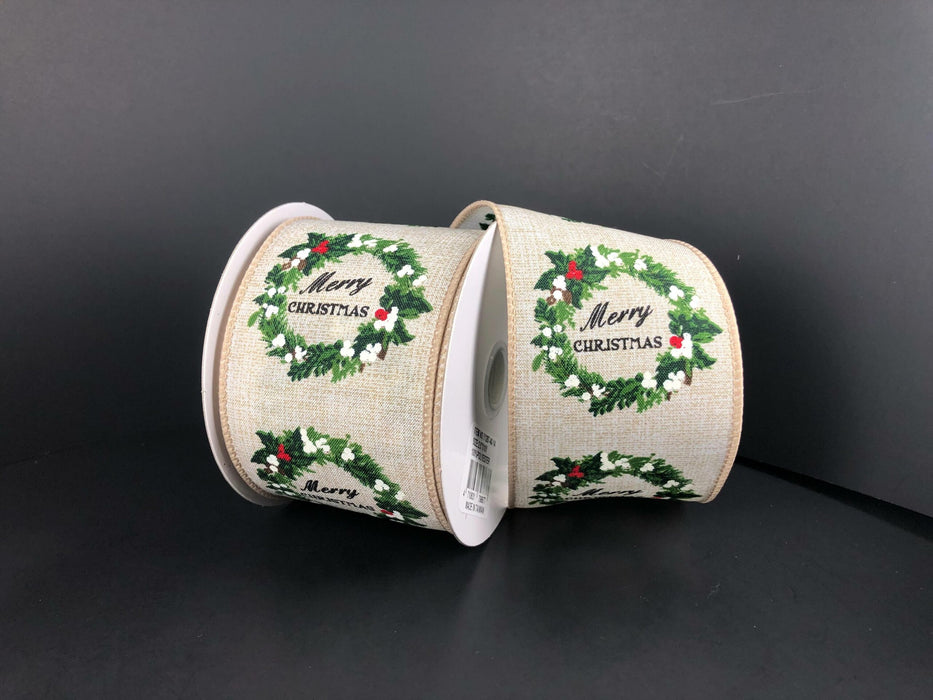 Two spools of Natural Print Linen/Merry Christmas Wreath 2.5X10Y Ribbon (71287-40-14) with Merry Christmas text and green wreaths, displayed against a black background.