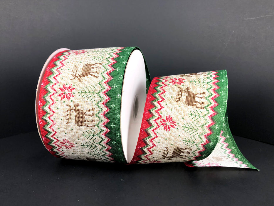 Natural Print Linen/Stitch Christmas Red-Green Edge, 2.5"X10Y Ribbon 75234-40-07