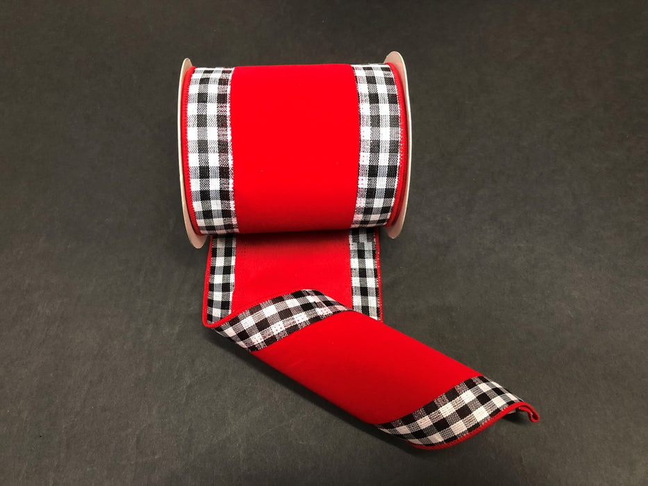 Black-White Gingham/Bright Red Velvet Ribbon, 4"X10Y Ribbon 78013-04-13