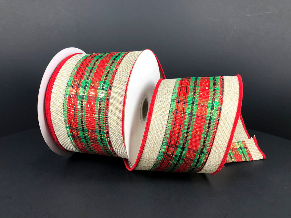 Red-Green-Gold Glitter Plaid/Natural Edge, 2.5"X10Y Ribbon 78221-40-17