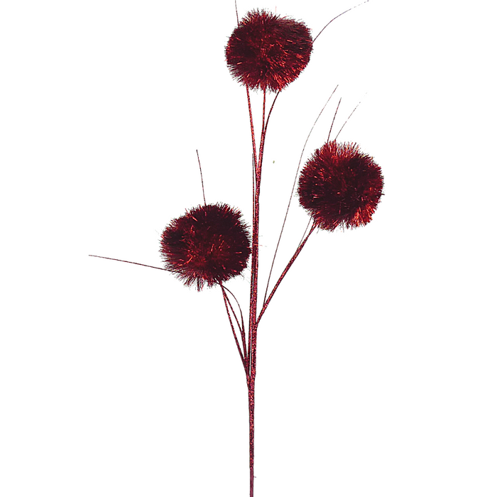 The 31 Red Pom Pom Ball Spray (83634RD) features three red, fluffy pom-poms on slender stems, set against a white background for an artistic and balanced look.