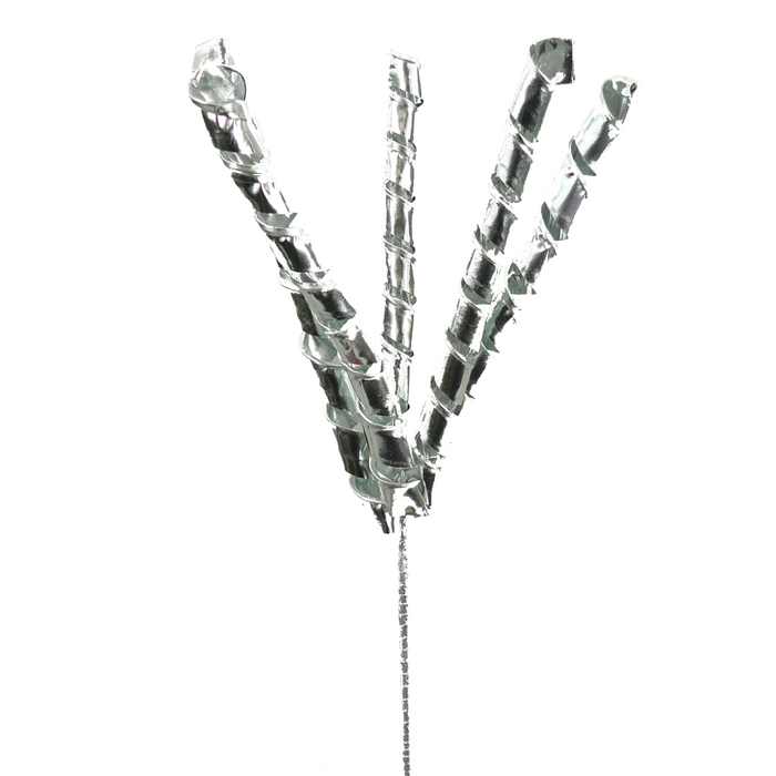 A 10” Metallic Silver Twirl Spray party decoration features five spiral, curly branches extending upward and outward from a central stem, set against a white background.