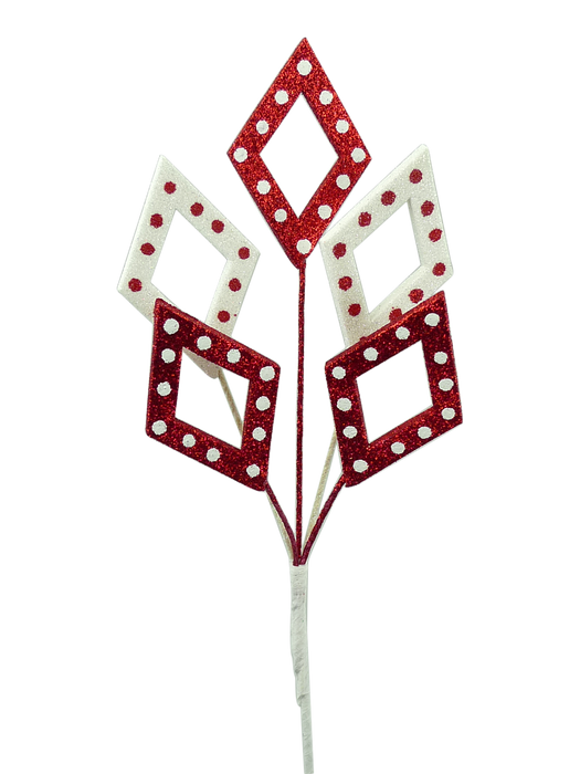 The 20 Red and White Glitter Diamond Pick (84856RDWT) features five diamond-shaped leaves, embellished with striking red and white polka dots. These glittery leaves are symmetrically arranged against a deep black background.