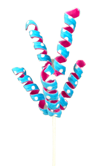 The 16 Pink and Blue Frizzy Curly Pick, 5 Stems, features a spiral ribbon of vibrant pink and blue with white polka dots on a thin stick. It stands out vividly against a plain black background (Product ID: 85265PKBL).