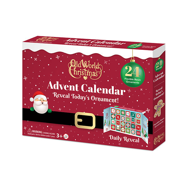 The Advent Calendar Ornament Old World Christmas 98000 is a red box with snowflakes, a Santa image, and text noting 24 flexible resin ornaments. An open box displays the ornaments for a festive holiday countdown.
