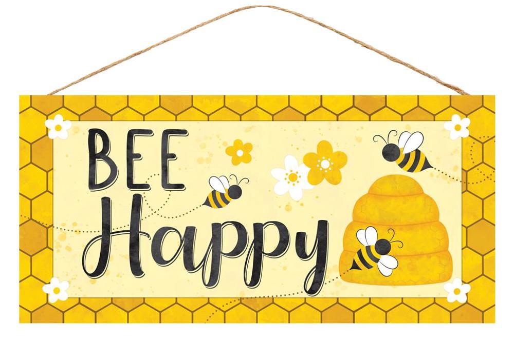 12.5"L X 6"H Bee Happy/Honeycomb Sign Golden Yellow/Black/White AP8778