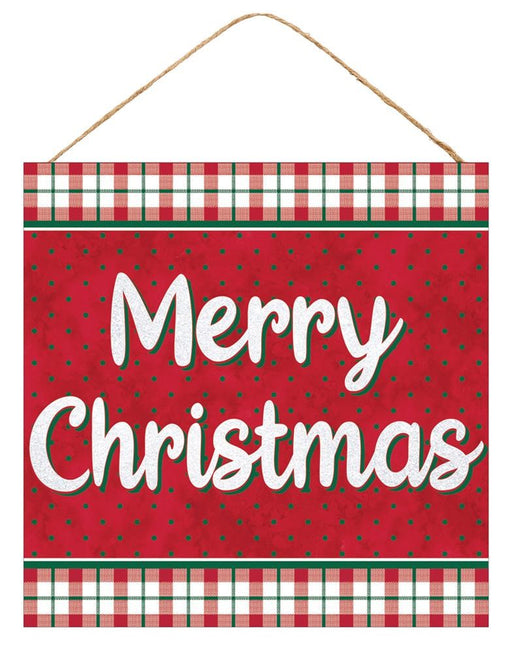The 10Sq Merry Christmas W/Plaid Border Red/Emerald/White AP8844 is a red sign with a festive plaid border and green dots, featuring Merry Christmas in white script. It hangs from twine to add cheerful holiday spirit to any space.