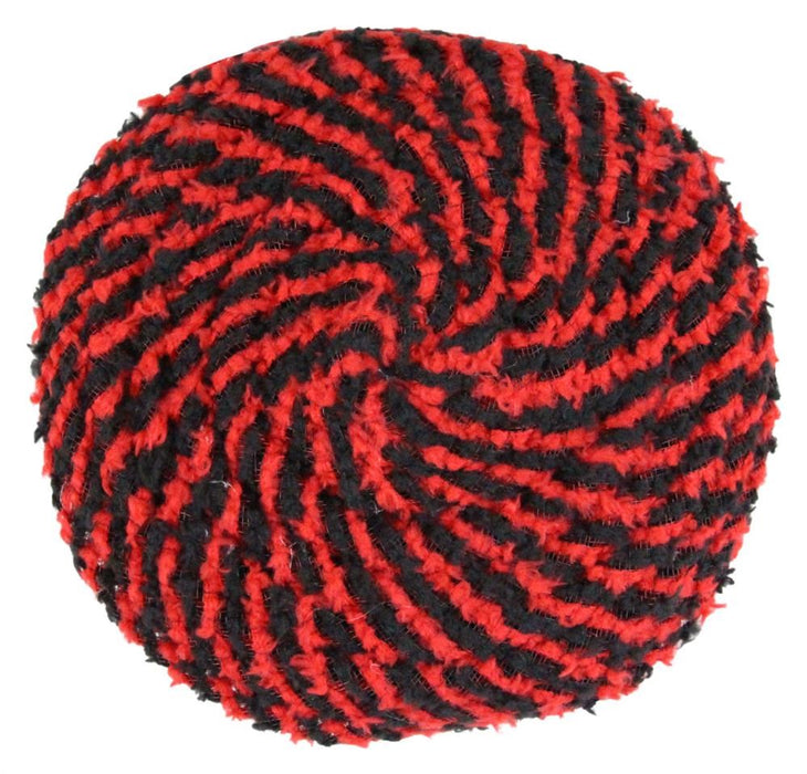 A 6.75 diameter Drift Flex Tubing Flower Center in red and black, featuring a swirling spiral polyester yarn design inspired by FJ5181K1, with a soft, fluffy texture against a white background.