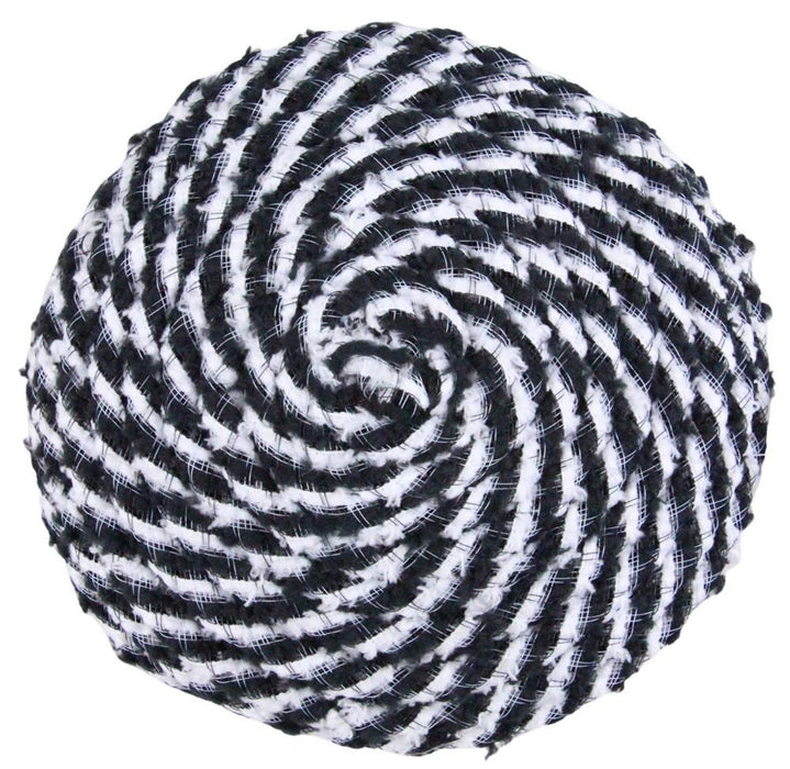 The 6.75 diameter Drift Flex Tubing Flower Center in black and white, model FJ5181K2, is a durable polyester scrubbing pad with a spiral pattern resembling a tightly coiled brush.