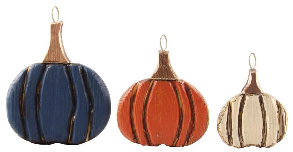 Set of 3 wood pumpkin ornaments (4.5-7.75) with gold hangers in white, orange, and navy. Each pumpkin has vertical grooves and is arranged from largest to smallest, left to right.