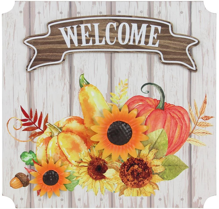 10"Sq Metal Welcome/ Sunflowers Decor  White/Yellow/Orange/Brown  HA9024