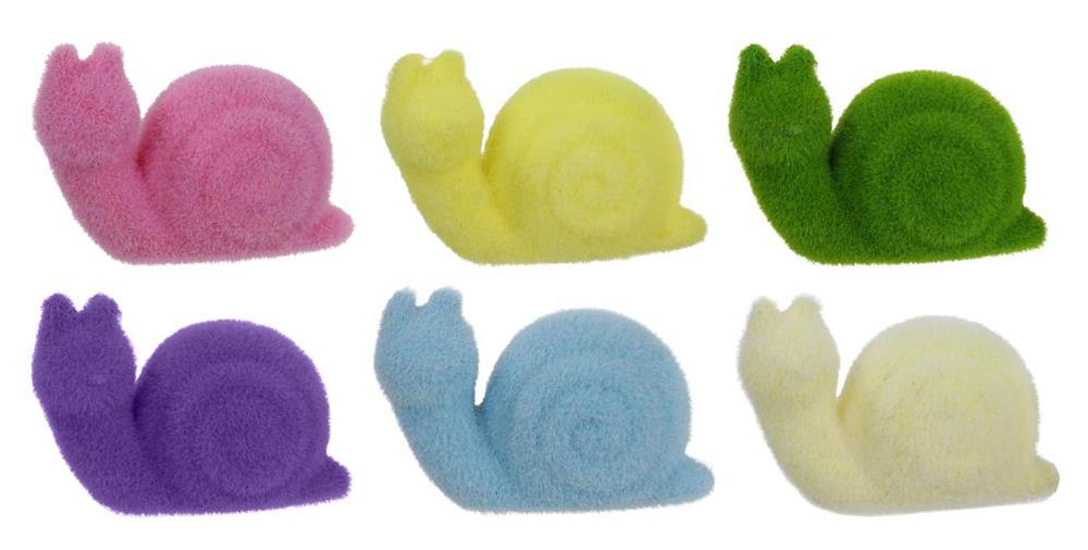 5.5"L X 3.75"H Flocked Snail  6 Assorted Purple, Pink, Cream, Green, Blue, Yellow  HE723698