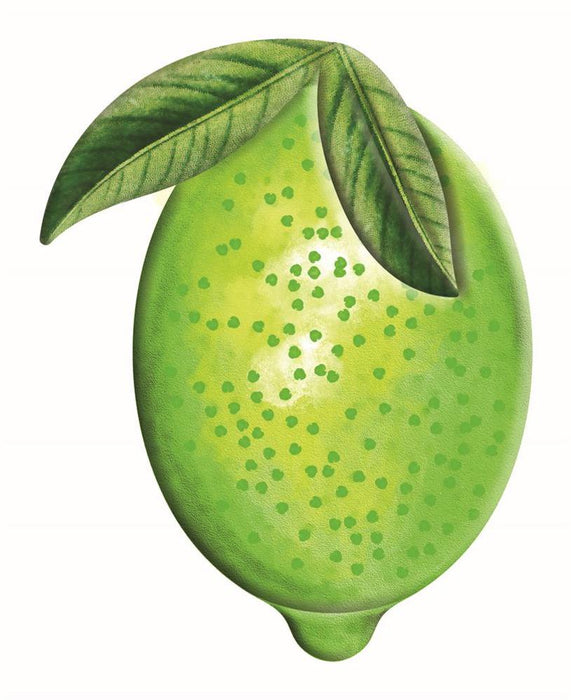 Featuring the 12H x 9.5W Embossed Watercolor Lime (MD071436) in lime green, this design includes a stylized lime with two top leaves and a textured, dotted surface for a vibrant, fresh look.