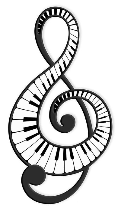 The 16H Metal/Embsd Piano Key Treble Clef (MD0758) features a black and white stylized treble clef with piano key design and subtle metal accents, set on a white background.