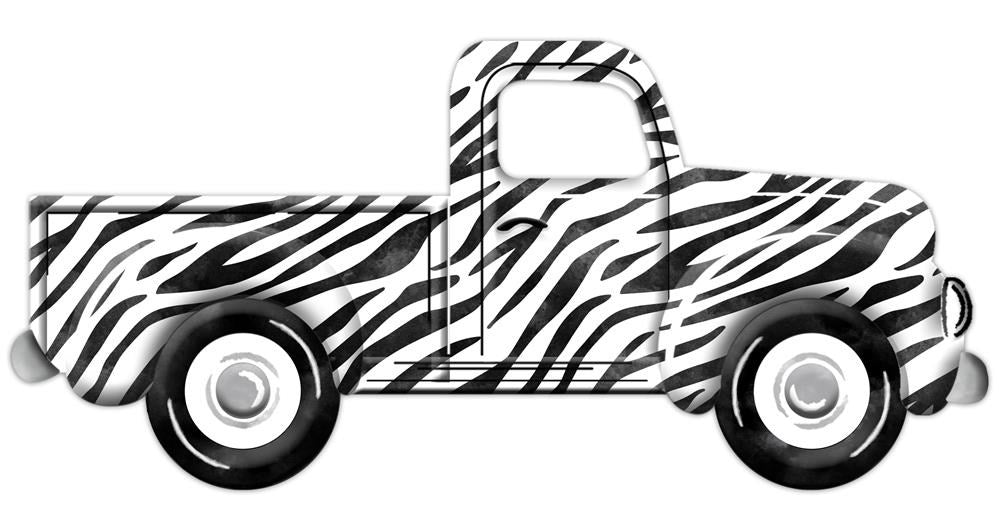 Illustration of the 12L Metal/Embossed Animal Stripe Truck in black and white (MD078327), showcasing a vintage pickup with zebra patterns on the cab and bed, set against a crisp white background.