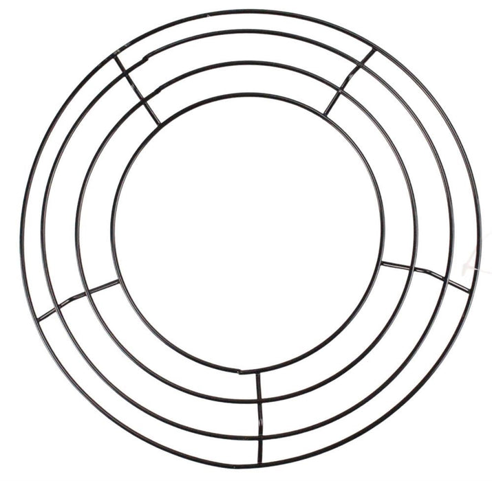 The 10Dia Wire Arch Wreath Frame Black (MD084002) features multiple rings and crossbars, perfect for crafting and floral projects, standing against a white background. This versatile frame is an ideal foundation for your creative endeavors.