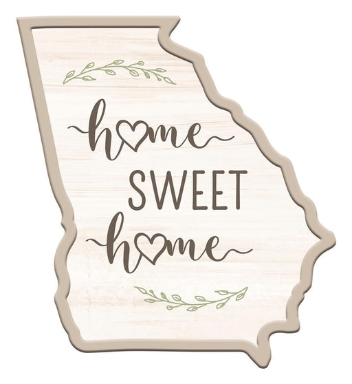 The 11"H x 10"L Home Sweet Home Ga Shape sign (Natural/Taupe/Sage, MD0866) features hearts for the "o" in home, green leafy accents at the top and bottom, and a charming color palette.