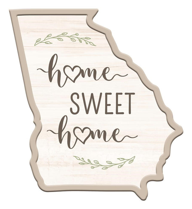 The 11"H x 10"L Home Sweet Home Ga Shape sign (Natural/Taupe/Sage, MD0866) features hearts for the "o" in home, green leafy accents at the top and bottom, and a charming color palette.