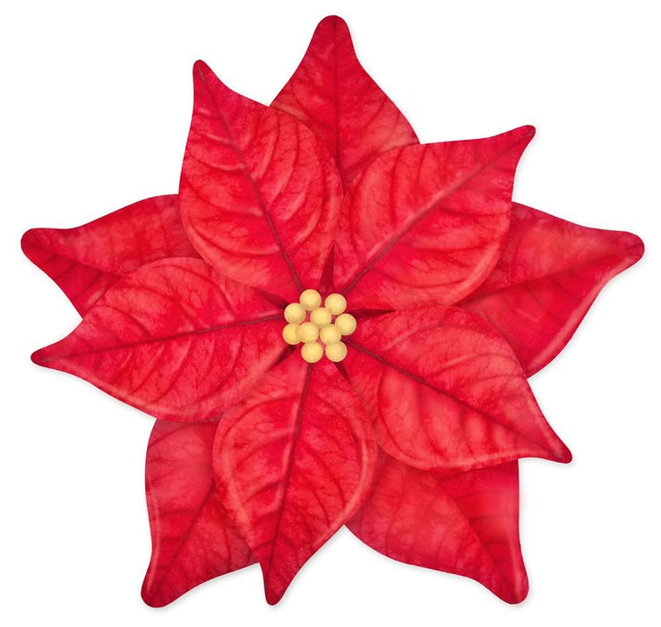 A top view of the 12Dia Metal Poinsettia Sign W/Hanger in Red/Light Yellow (MD101024) shows eight pointed petals with small yellow buds at the center, set against a white background.