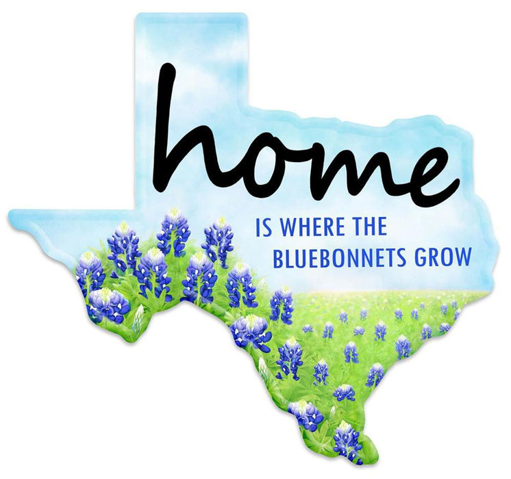 The 12.5L x 11.5H metal Texas sign (MD1061) displays multi blue, green, white, and black colors with bluebonnet flowers under a clear sky and the message: home is where the bluebonnets grow.