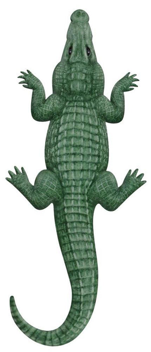 Illustration of the 19Hx8L Metal Alligator Shape Sign in moss green and black showcasing textured scales, splayed legs, and a long tail on a plain white background.