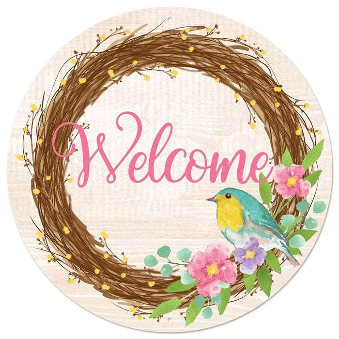 12"Dia Welcome W/Bird Nest Metal Sign  Brown/Pink/Teal/Green/Yellow  MD1075