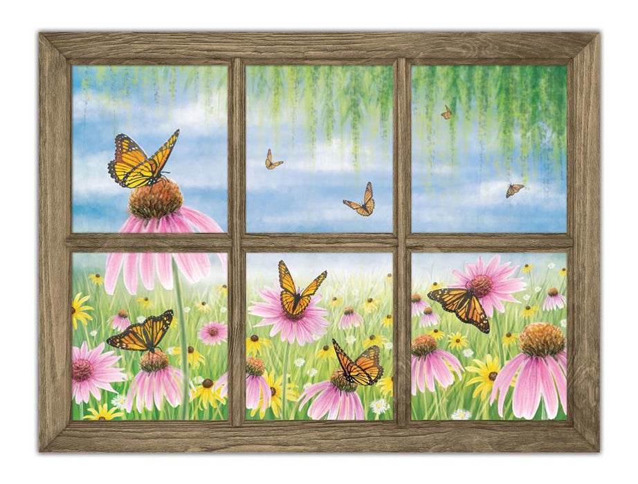 The 12.75L x 9.5H Butterfly Window Sign (Blue/Green/Pink/Orange MD1348) features a field of pink and white flowers with butterflies, a blue sky, and draping green foliage, creating a nature-inspired view.