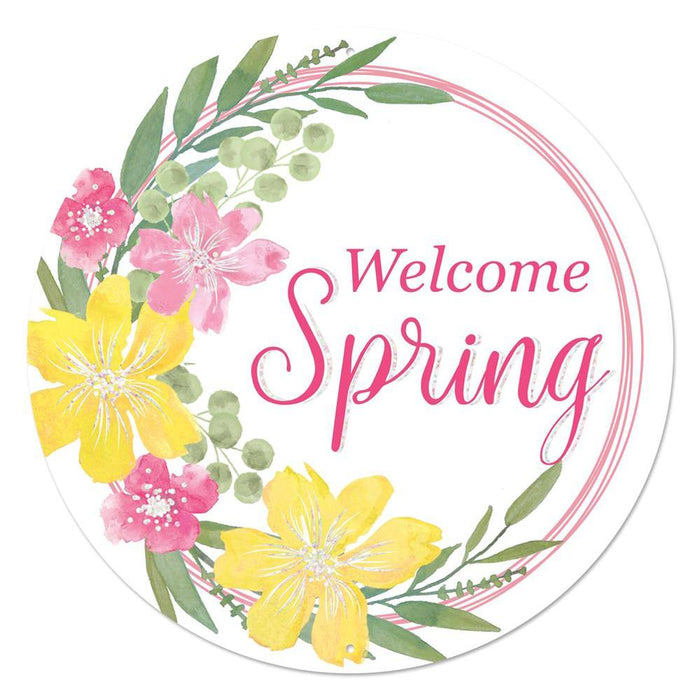 12"Dia Metal Welcome Spring Glitter Sign White/Yellow/Pink/Green MD1354