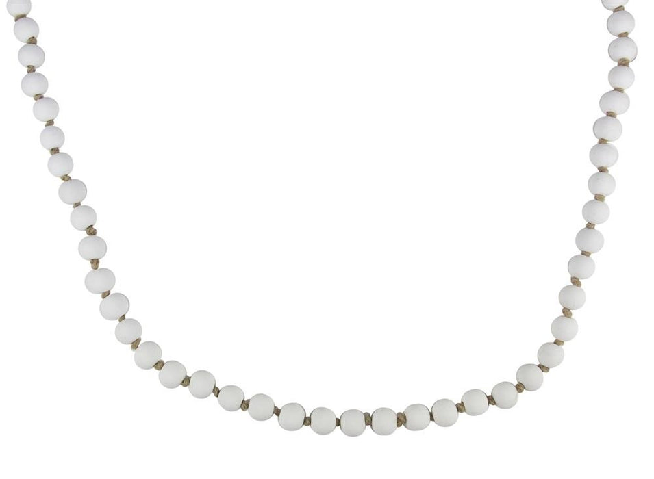 The 39"L Medium Round Wood Bead Garland in Whitewash (MZ198631) features evenly spaced medium round whitewashed wood beads with small tan separators, displayed on a white background for a classic decorative look.