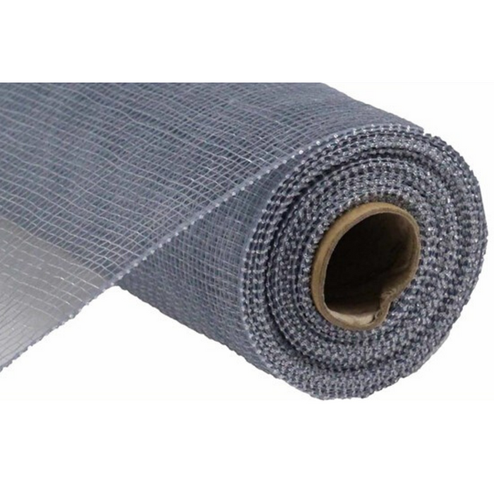 Grey Deco Poly Mesh roll (10 in x 10 yd) made of polypropylene, ideal for wreaths, garlands, and seasonal swags