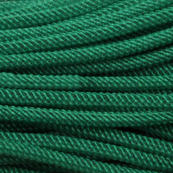 A close-up of Emerald Green Faux Jute Flex Tubing RE366506 reveals several strands tightly wound together, displaying a textured pattern similar to jute.