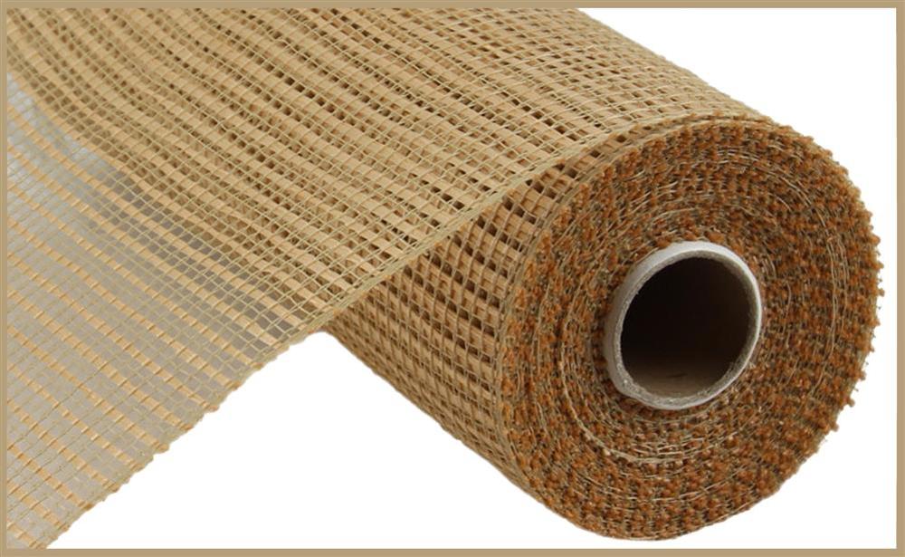 A close-up of the 10X10Yd Horizontal Wide Stripe Mesh Natural (RE890018), a tan open-weave fabric featuring wide stripes, partially unrolled to show its grid pattern and cylindrical cardboard core.
