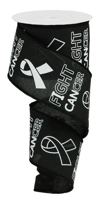A 2.5x10yd black and white wired ribbon, named 2.5\X10Yd Fight Cancer On Royal Black/White RGA141402, features white Fight Cancer ribbons and repeated FIGHT CANCER text along its length.