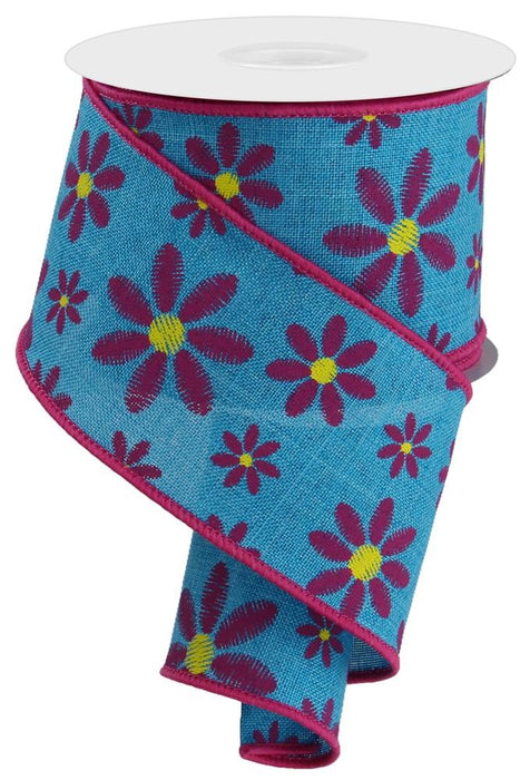 2.5"X10Yd Embroidered Mixed Daisy Turquoise/Fuchsia/Yellow RGE1192A2