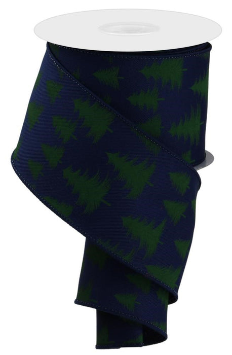 A partially unwound spool of 2.5 X 10Yd Wispy Trees Navy/Dk Green ribbon, RGE135819, draped in a spiral.