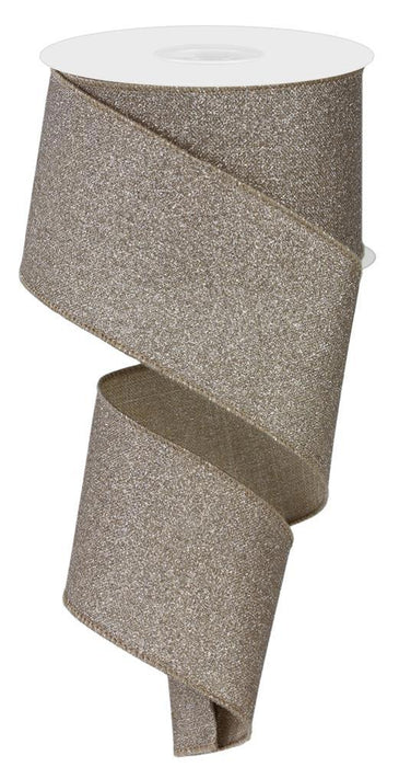 A spool of 2.5x10yd Fine Glitter on Royal Taupe ribbon (RGE138139) with a sparkly texture unspools in a loose spiral.