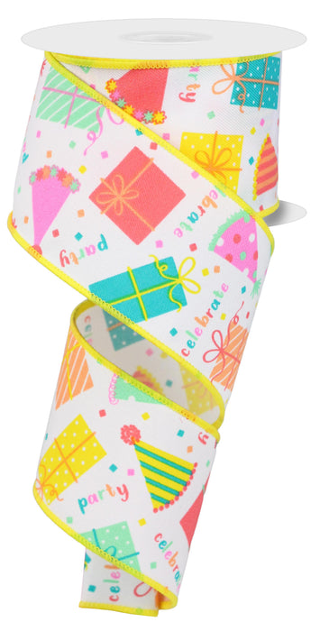 A 2.5X10Yd spool of wired ribbon, RGE1633J7, showcases birthday-themed designs like gifts, party hats, and confetti with party and celebrate boldly printed on a white background featuring white, peach, teal, and pink colors.
