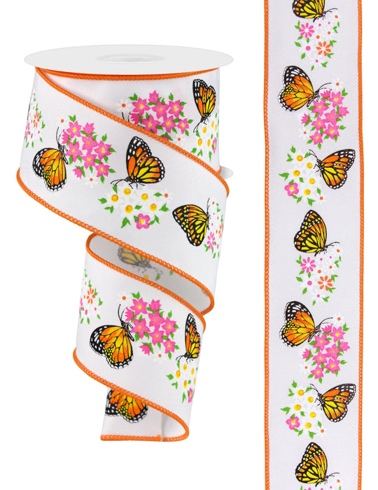 The 2.5X10Yd Butterfly W/Flowers White/Multi RGE174927 ribbon features orange-edged white/multi flowers with monarch butterflies fluttering amid pink and white blooms, elegantly displayed in both spiral and flat views to capture its intricate charm.