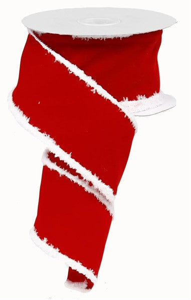 The 2.5 Red Velvet White Fuzzy Snowdrift Edge Christmas Ribbon RG0189324 features a Santa-inspired red velvet design with white, fur-like trim and wired edges, perfect for festive decorating.
