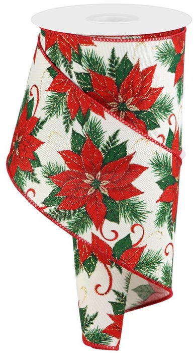 4"X10Yd Glitter Poinsettia Ribbon Cream W/Red/Green/Gold RX9184