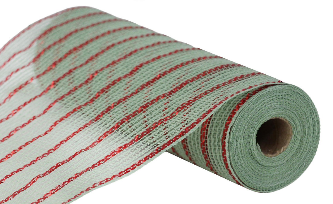 A close-up of the 10.25X10Yd Poly/Faux Jute/Metallic Mesh in Sage/Red (RY8018R9), featuring evenly spaced red stripes, partially unrolled on a white background.
