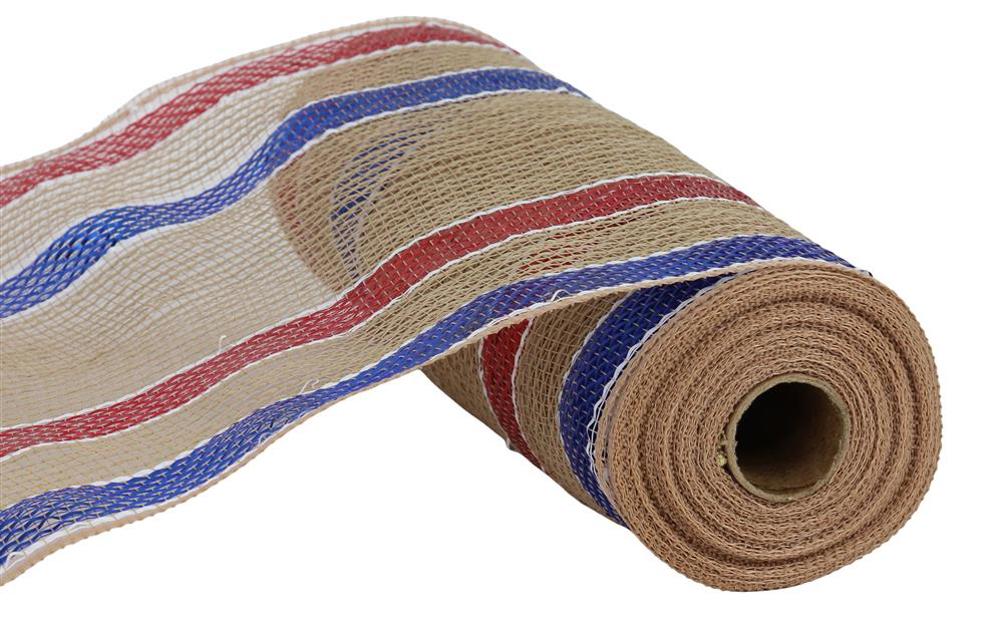 The 10.25X10Yd Wide Matte Border Stripe Natural/Red/White/Blue RY8035EK ribbon features red and blue horizontal stripes on a partially unrolled burlap mesh, revealing its open-weave texture against a neutral background.
