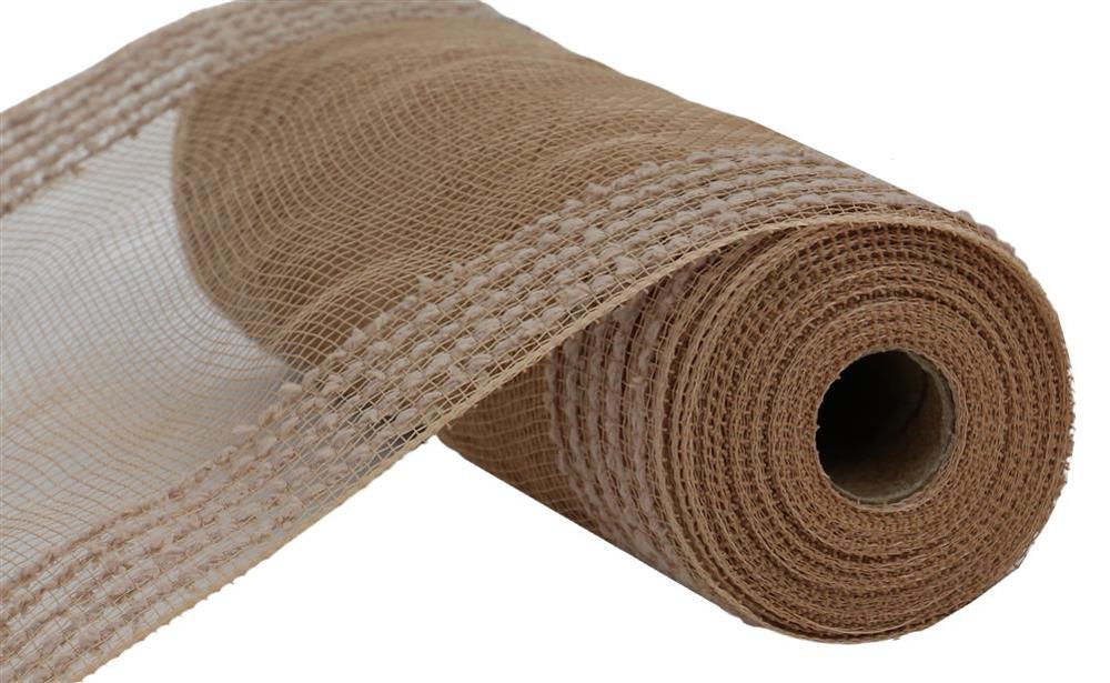 The 10.25X10YD Drift/PP Wide Border Mesh Natural RY811418 roll is partially unrolled, displaying its beige burlap fabric and net-like texture. Its coarse weave makes it perfect for crafts or decorations, set against a plain white background.