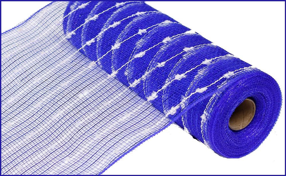 A partially unrolled 10.5 Snowball Poly Metallic Foil Mesh in royal blue with a white diamond pattern reveals its transparent polypropylene grid design on a white background.