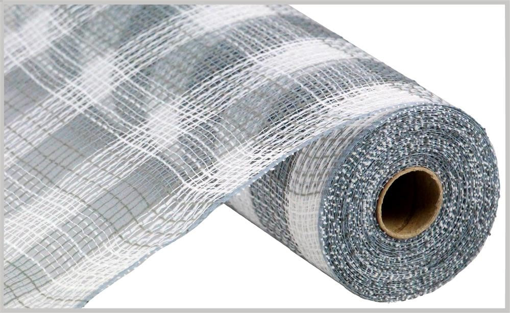 A close-up of the 10.25x10yd Faux Jute/PP Small Check White/Grey mesh fabric (RY8320J8), partially unrolled to reveal its white and grey small check pattern, textured faux jute surface, and cylindrical cardboard core.