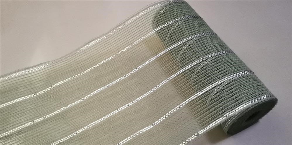 The 10.25X10Yd Poly/Jute/Metallic Mesh Sage/Matte Silver RY8329W6 is a sheer, lightweight fabric roll with semi-transparent horizontal sage and matte silver stripes on a light background, offering a subtle shimmer from its metallic accents.