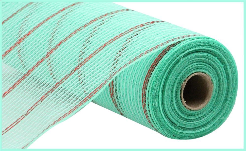 A close-up of a partially unrolled roll of 10.25X10Yd Poly/Jute/Metallic Mesh in Mint Green and Matte Red (RY8329W9), showing its striped pattern and cylindrical cardboard core.